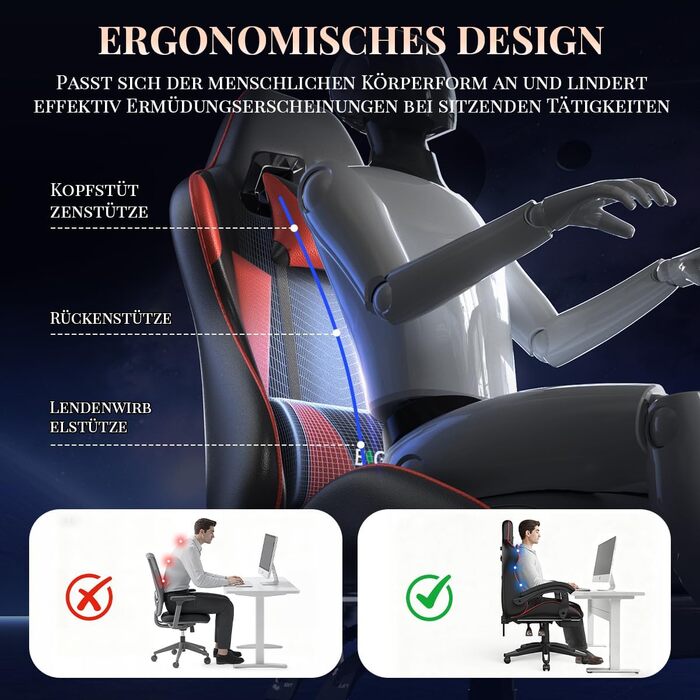 Ігровий крісло Bigzzia з масажем та підставкою для ніг, ергономічне, регульована спинка 90-135°, з подушками для голови та попереку (Червоний)