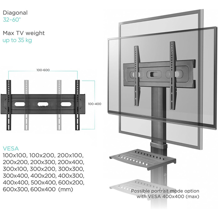 Тумба під телевізор ONKRON 32-60 дюймів, регульована по висоті, макс. 30,5 кг, VESA 600x400, Black TS2551-B