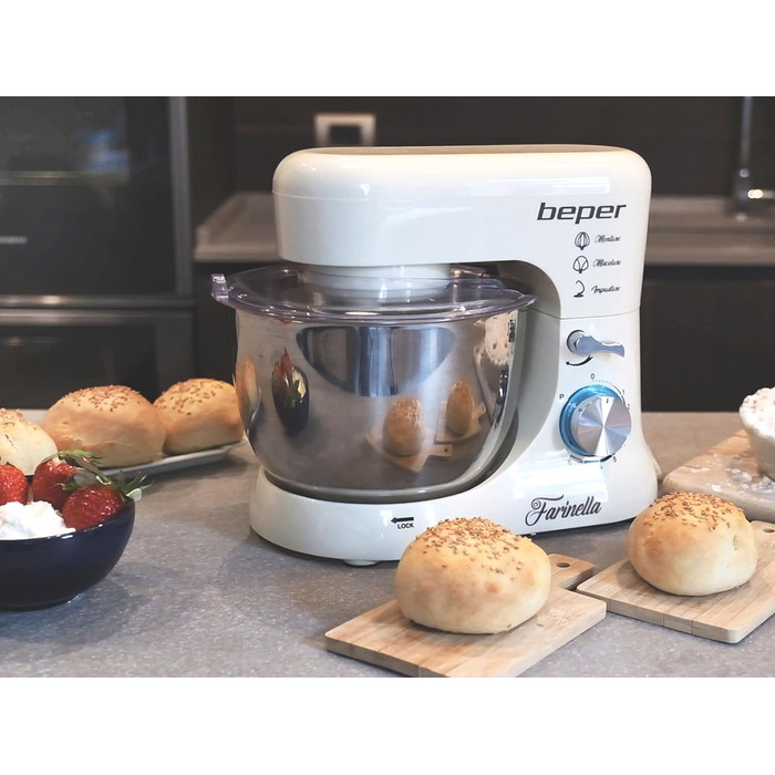 Міксер планетарний BEPER BP.200, 1000 Вт, 4.5 л, нержавіюча сталь, для замішування, подрібнення, приготування тіста, кремового кольору
