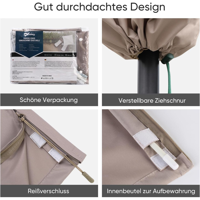 Захисний чохол для садово-паркового парасоля Sekey з вентиляційними отворами, 100% поліестер, водонепроникний, 190 x 30/50 см, хакі
