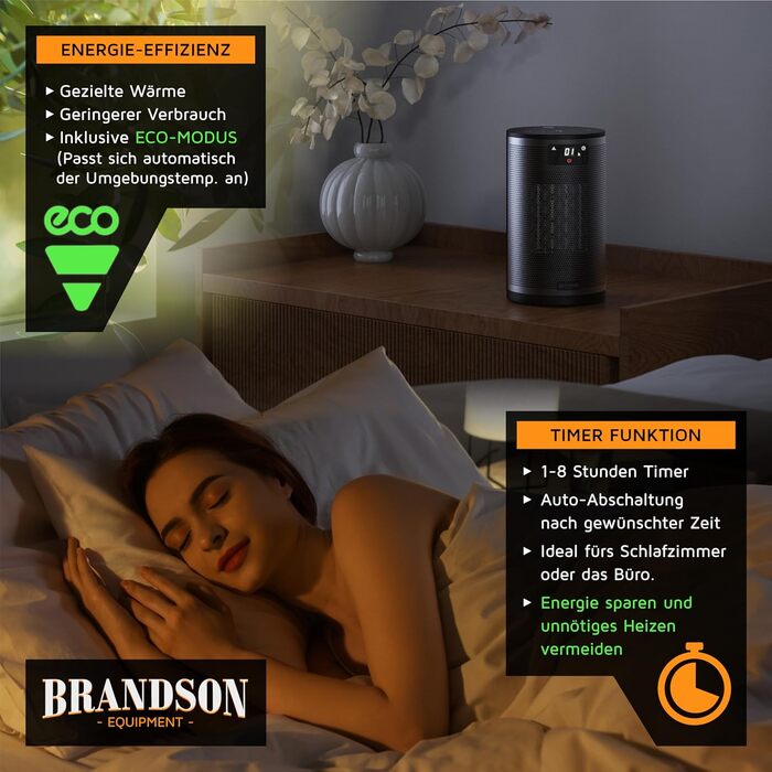 Обігрівач Brandson з дистанційним керуванням, 1500 Вт, 2 режими, ECO, захист від перекидання та перегріву