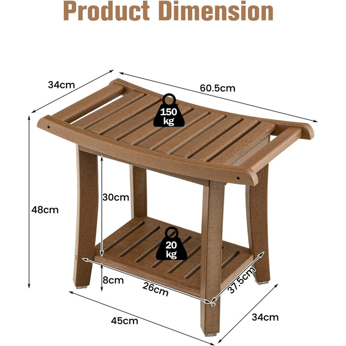 Двомісний стілець для душу HOMASIS з полицею, витримує до 170 кг, з HDPE, з 2 ручками та антиковзними накладками, для літніх людей та дорослих (колір: коричневий)