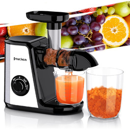 Соковитискач Muchen Slow Juicer: тиха робота, подрібнення назад, легке очищення, нержавіюча сталь, чорний та срібний, з кулінарною книгою (одноканальний)