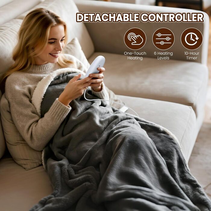 Електрична ковдра Dnenellr XXL 200x180 см з автоматичним вимкненням, 6 режимів нагріву, захист від перегріву, пральна, для ліжка та дивану