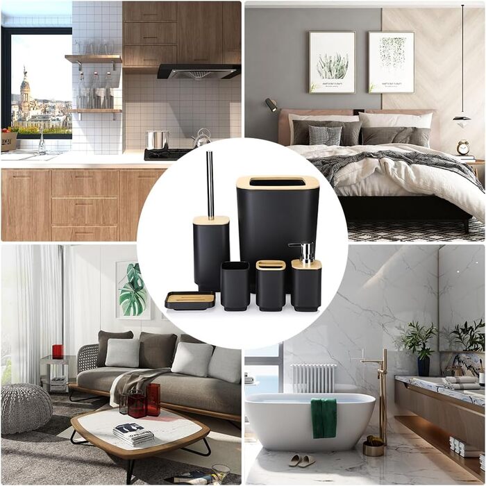 Набір аксесуарів для ванної кімнати JOTOM 6 шт. з бамбука, чорний: мильниця, дозатор мила, тримач для зубних щіток, стакан, сміттєве відро