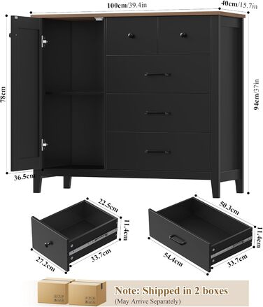 Сайдборд HOCSOK: кухонна шафа з 5 шухлядами та 1 дверцятами, буфет з робочою поверхнею, колір білий+коричневий