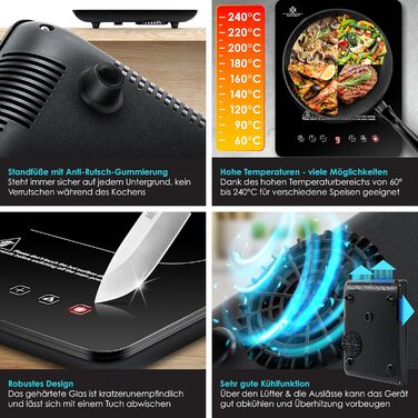 Індукційна плитка KESSER® 2100W з 1 зоною, 28 см, сенсорне керування, таймер, мікрофібра та рецепти