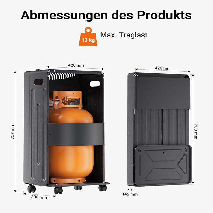 Мобільний газовий обігрівач Wiltec 4,2 кВт з захистом від перекидання, ODS та роликами, сумісний з 13 кг балоном