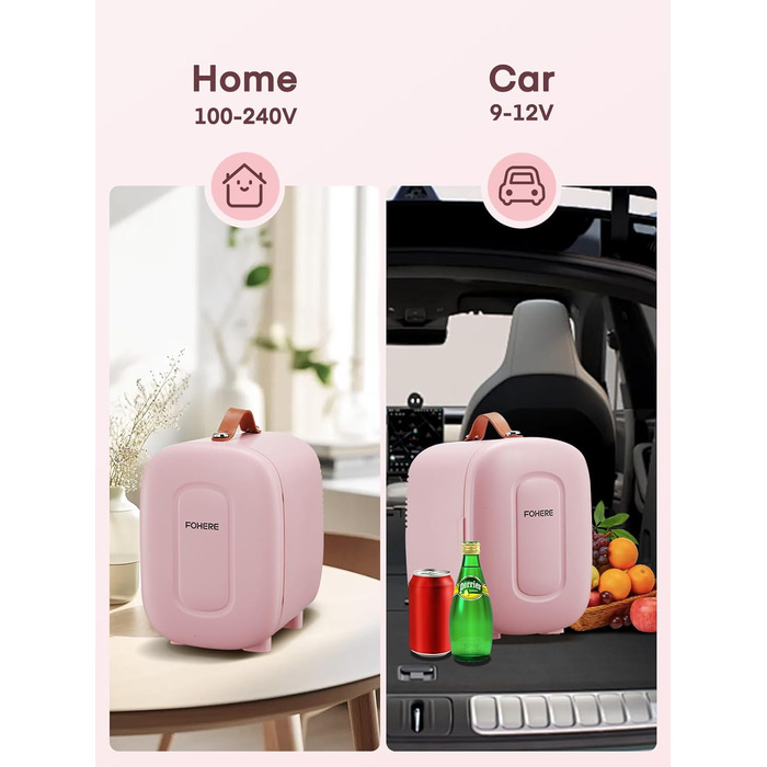 Міні холодильник FOHERE 5 літрів, USB живлення, 220V/12V, для напоїв та косметики, білий (рожевий)