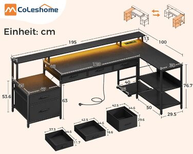 Комп'ютерний стіл Coleshome L-подібний з ящиками, 195x100 см, з розеткою, LED-підсвічуванням та підставкою для монітора, геймінговий стіл, чорний