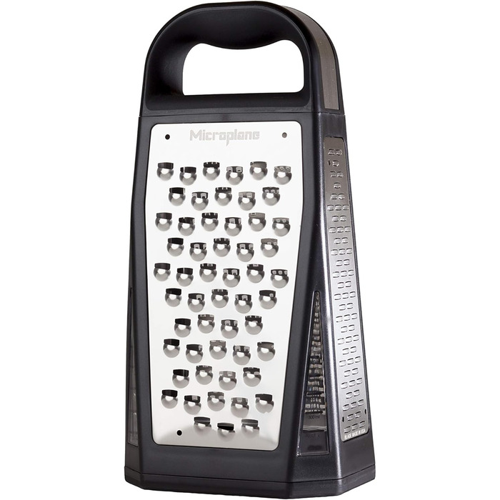 Терка Microplane для овочів та сиру з 5 різними поверхнями (дрібна, велика, дуже велика, двостороння) з нержавіючої сталі - Made in USA, чорний/нержавіюча сталь
