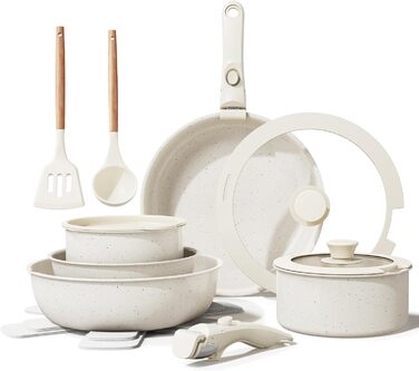 Набір кухонного посуду Bazova Ceramic, 17 предметів: каструлі та сковорідки з антипригарним покриттям, знімні ручки, для індукційних плит, стійкий до подряпин, безпечний для миття в посудомийній машині та випікання в духовці