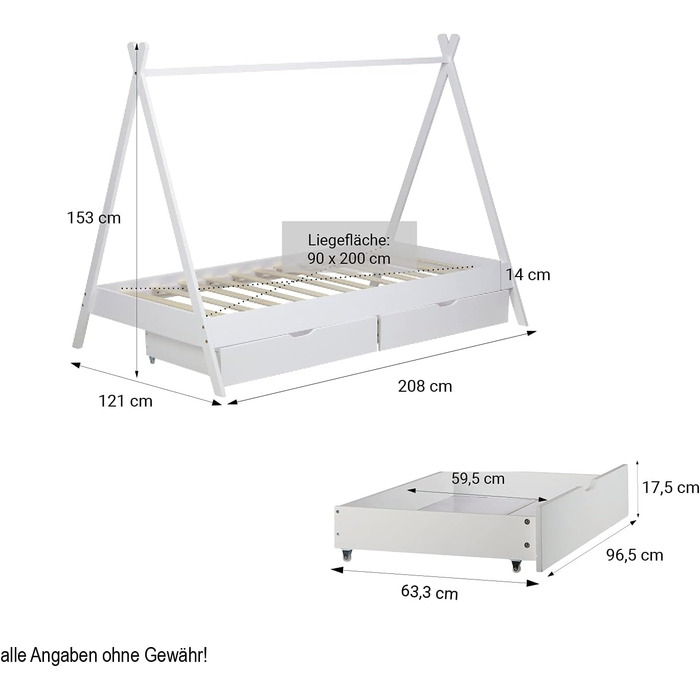 Дитяче ліжко Homestyle4u Tipi 90x200 см з ящиками, біле, з наметом, зірки, з дерева (сосна)