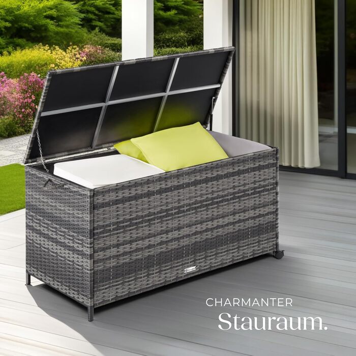 Скриня для саду Tectake з ротангу (поліротанг) чорна, 297л, 117x54x64 см - водонепроникна, з кришкою, на колесах, для тераси, балкону