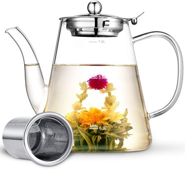 Скляний чайник Zpose, чайники з боросилікатного скла об'ємом 1200 мл з лінійкою ваг, чайник з сітчастою вставкою з нержавіючої сталі 304 проби