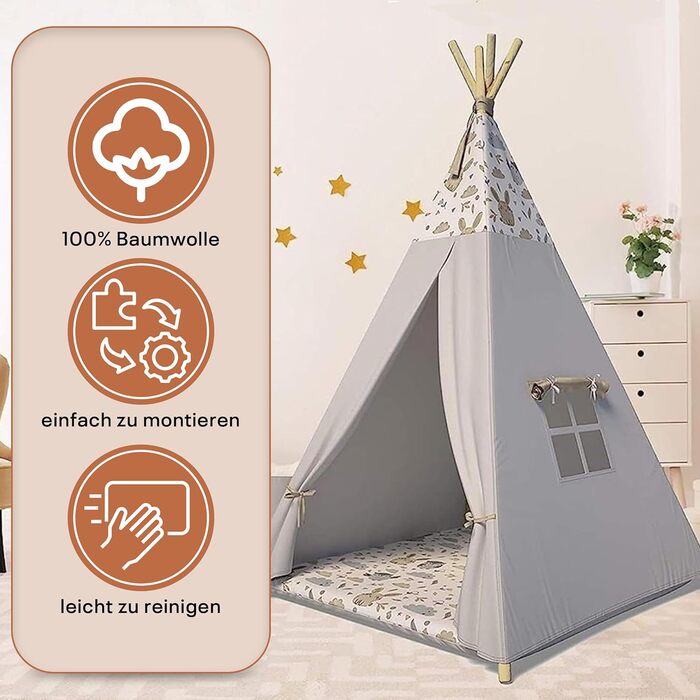 Тіпі-намет для дітей | Ігровий намет для дитячої кімнати | Намет-вігвам з м'якими подушками | Міцний намет-вігвам у стилі індіанців | Безпечний намет-вігвам для дому | Сірий намет-вігвам з тваринами для дитячої кімнати