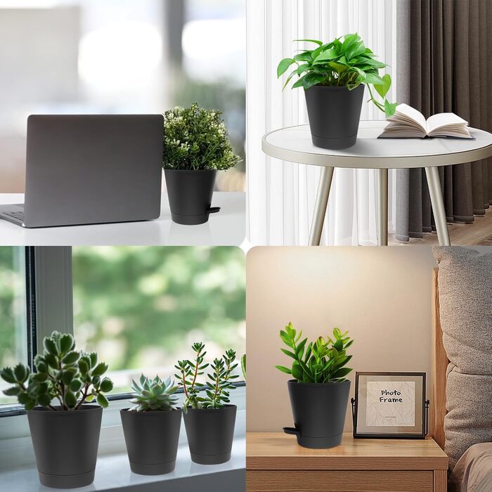 5 горщиків з пластику з системою поливу, 17.8/16.5/15.2/13.9/12.7 см. Самополивні горщики з підставкою, круглі, для квітів, сукулентів, кактусів, зелені та чорні, для дому, балкона та саду.