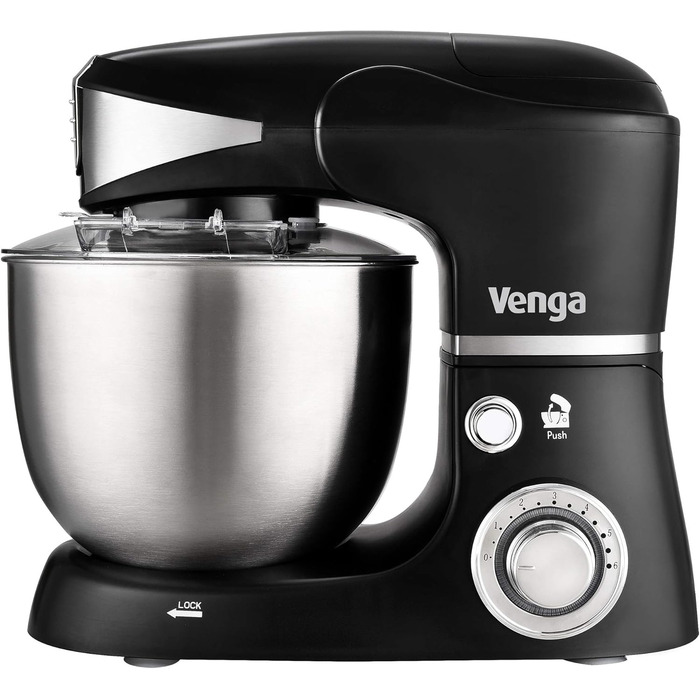 Кухонна машина Venga VG M 3014 з чашею 5 л з нержавіючої сталі, 1000 Вт, 4 насадки, рецепти, чорний колір