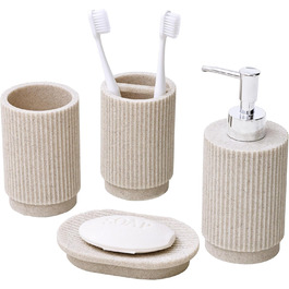 Набір для ванної кімнати 6-частинний: дозатор для мила, стакан для зубної пасти з підносом та коробочка для ватних паличок – смугастий дизайн, високоякісна смола. В комплекті: бежевий 4-частинний набір