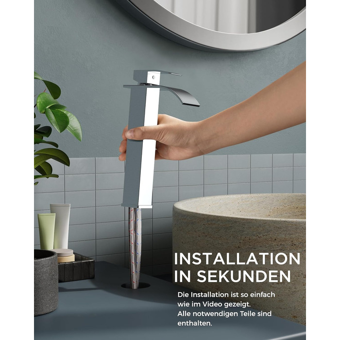 Змішувач для ванної кімнати FORIOUS з водоспадом, одноручний, для умивальника, хром, висота виливу 80 мм, економія води та енергії