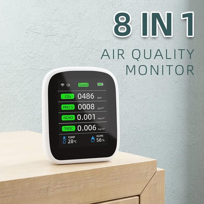 Портативний тестер якості повітря Irfora Tuya WiFi 8 в 1: PM1.0, PM2.5, PM10, CO2, TVOC, HCHO, температура, вологість, LCD-дисплей