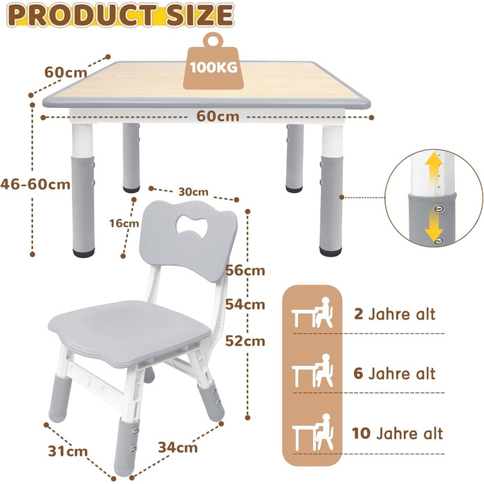 Дитячий стіл зі стільцями, 80x60 см, регульована висота, комплект для дитячого садка, ідеальний для ігор, малювання та ліплення. Легко миється. Підходить для дітей від 2 років (Сірий)