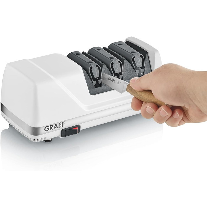 Електричний точило для ножів GRAEF CC120, 3 рівні заточування, алмазне напилення, для кухонних та мисливських ножів, білий