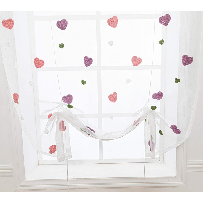 Фіранка Lactraum для дитячої кімнати для дівчаток, прозора біла з вишитими сердечками, 100 х 245 см (поліестер, 110 х 120 см (Ш х В))