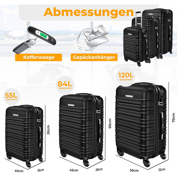 Набір валіз KESSER® 3шт з ABS-пластику: велика, середня, маленька. Валіза-тележка з замком, коліщата 4 шт., ваги в комплекті. Чорний колір.