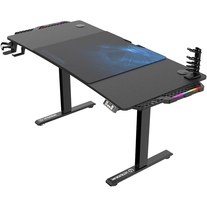 ULTRADESK Стіл для роботи Level V2 - Регульована висота, 140x68 см, з підсвіткою, для геймінгу, офісу, дому - з XL-килимком для миші (Синій)