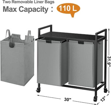 WOWLIVE Кошик для білизни з кришкою та колесами, сірий, 110л. З верхньою полицею та 2 знімними мішками для сортування