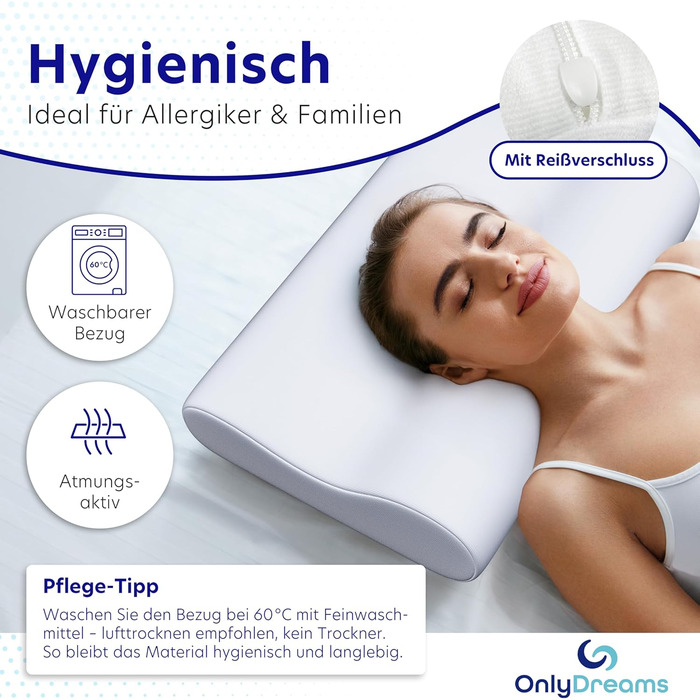 Ортопедична подушка для шиї OnlyDreams з гелевим шаром | Регульована висота + вибір жорсткості | Чохол з алое вера | Підходить для сну на спині, животі та боці - Oeko-Tex (Basic, 50x32x11/9 см)