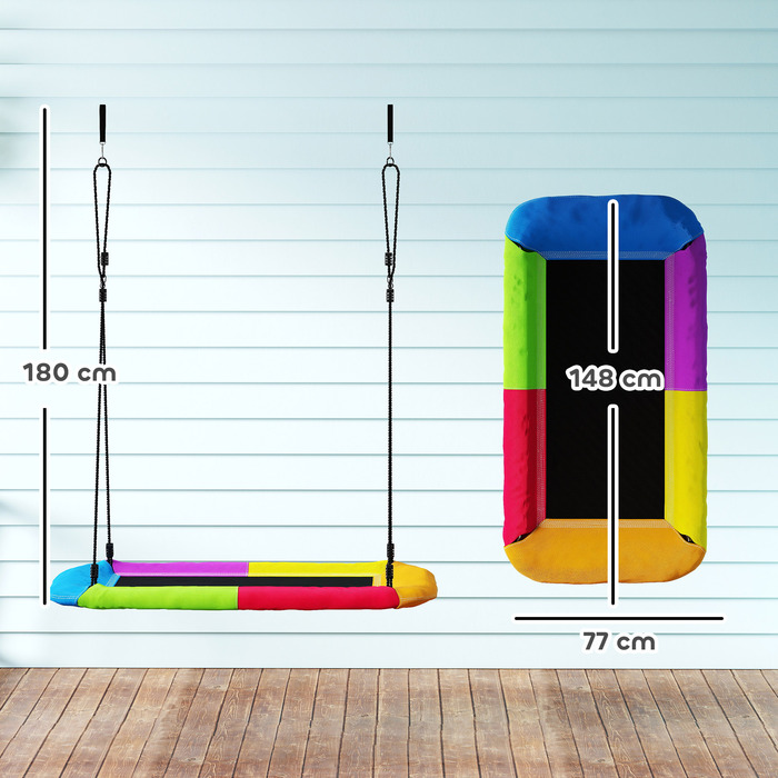 Дитяча гойдалка-гніздочко з регульованою висотою, вантажопідйомністю до 300 кг та регульованим канатом, призначена для дітей віком 3-8 років, розміром 148x77x180 см, у різноманітних кольорах.