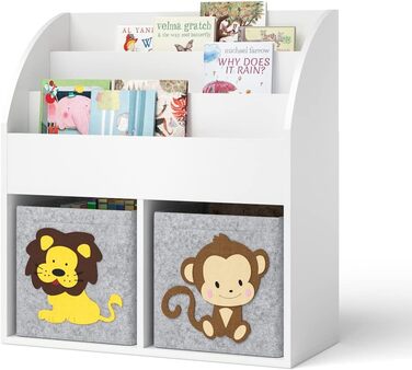 Дитяча полиця Bellabino Koro, зберігання іграшок, дитяча книжкова шафа з 3 відділеннями для книг і 2 відділеннями для ящиків (в т.ч. 2 розкладні коробки MONKEY/Lion) 2 розкладні коробки Мавпа/Лев білий, 2 відділення