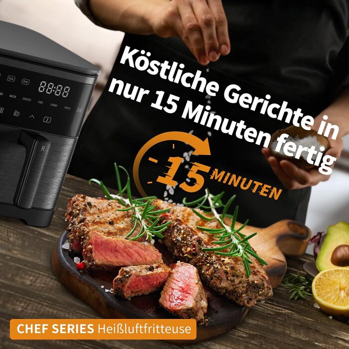 Фритюрниця без олії з підсвічуванням та нагадуванням про струшування, антипригарне покриття, 30-200°C, 78 рецептів, 8-в-1, тиха фритюрниця (11 л)