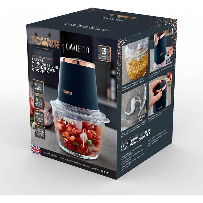 Подрібнювач для салатів Tower Cavaletto T12058MNB, 1 л, 350 Вт, Midnigth Blue & Roségold, для одноразового використання