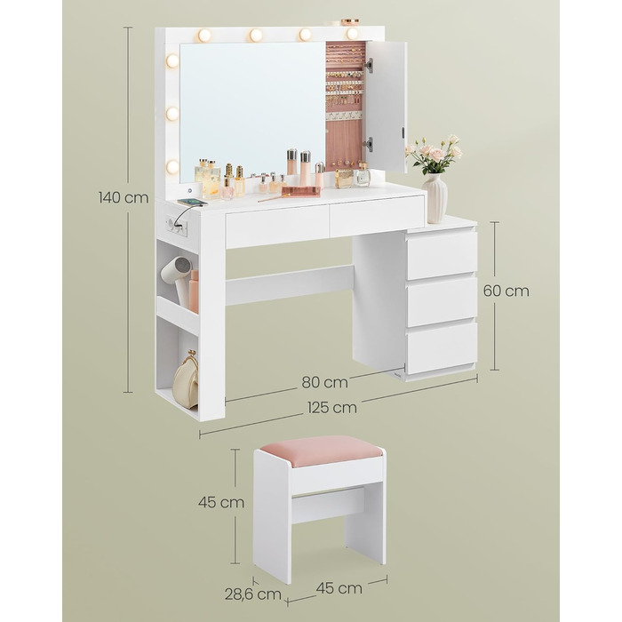 Трюмо VASAGLE з LED-підсвічуванням, дзеркалом та ящиками, 40 x 125 x 140 см, сучасний дизайн, колір