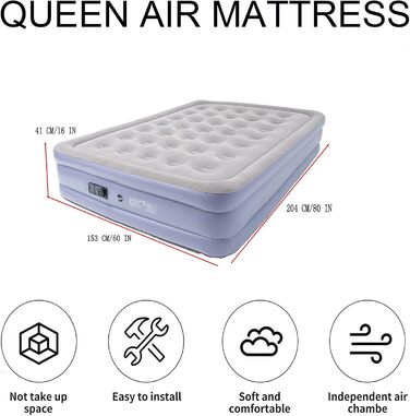 Надувне ліжко Icelus 204x153x23 см з повітряним насосом - ліжко для кемпінгу, подорожей та дому (2 особи)