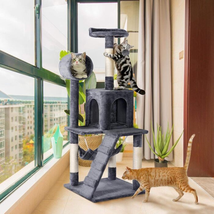 Котяче дерево Yaheetech 130 см Кігтеточка для котів Cat Tree, Котяча лазіння по дереву з оглядовим майданчиком Котяча печера Сизалеві стовбури, темно-сірі