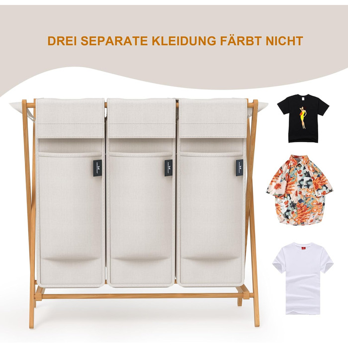 Кошик для білизни AdelDream з 3 відділеннями, 150л, бамбук, сірий