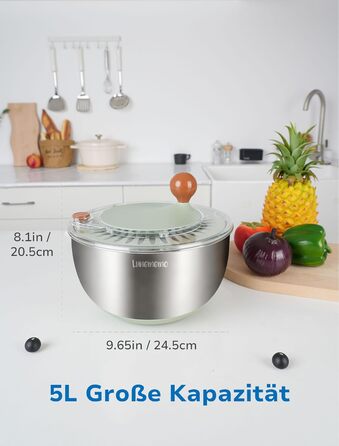 Салатниця-швидкообертач 5л з нержавіючої сталі 18/10, з антиковзним дном та стоп-кнопкою, велика, BPA-free