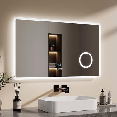 EMKE® LED дзеркало для ванної кімнати 80x60 см з підсвічуванням, регулюванням, антизапарюванням, 3 косметичні дзеркала, годинник, Bluetooth, IP44