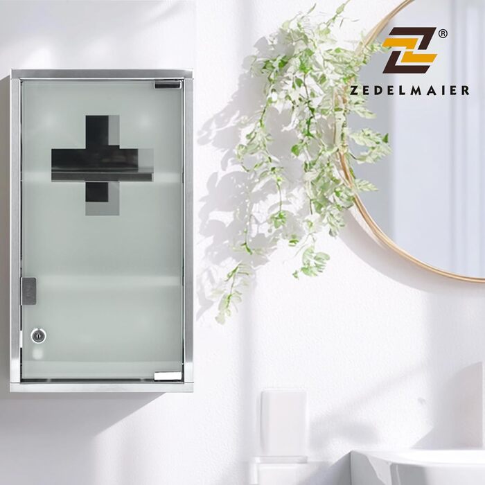 Медичний шкаф Zedelmaier з нержавіючої сталі, 4 відділення, аптечний, для ванної кімнати, з можливістю підвішування, закривається на замок, 57 x 27 x 12 см, білий