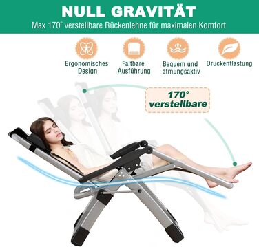 Шезлонг для відпочинку, розкладний, 200 кг, Zero Gravity, з подушкою, підстаканником, широкий, регульований, для саду, патіо, пляжу, басейну, сірий