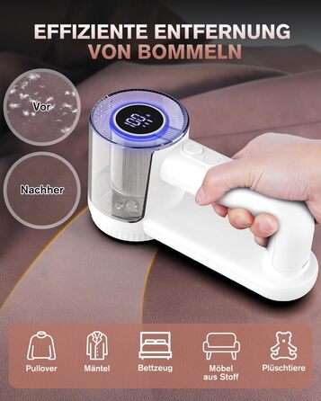 Електричний видальник ворсу Homtronics з USB-зарядкою, LED-дисплеєм та 6-кліновою головкою для одягу, диванів та килимів (білий)