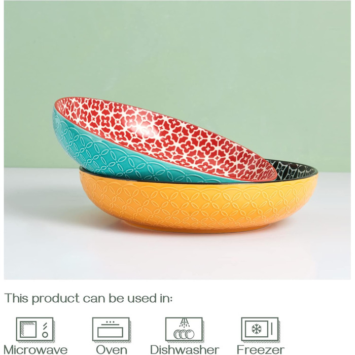 Салатник DOWAN 2000 мл, набір 2 шт, діаметр 24.1 см, порцеляновий, для пасти, мікрохвильова піч, посудомийна машина, штабельовані, різнокольорові