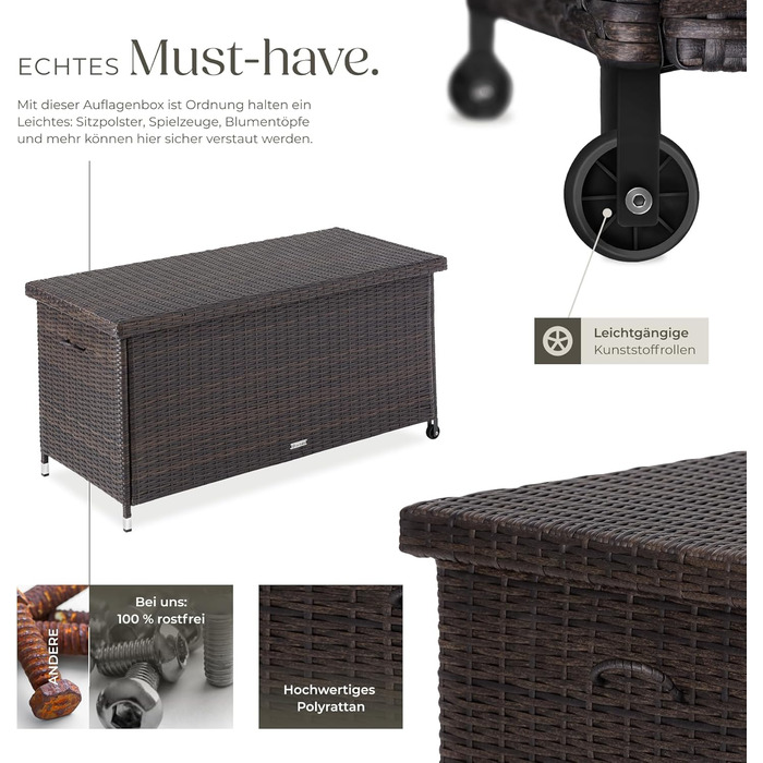 Ящик для подушок Tectake з ротангу, 270л, коричневий - водонепроникний, з замком, на колесах для саду, тераси, балкону