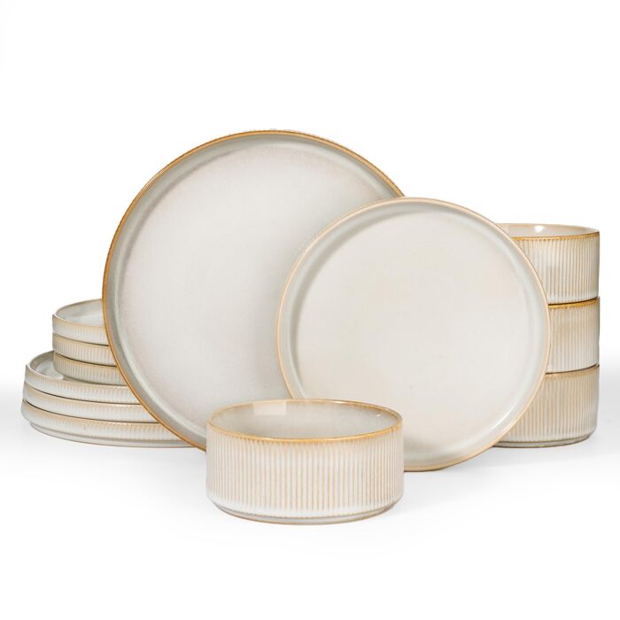 Набір тарілок Star 12 предметів для 4 осіб, керамічний посуд, стійкий до подряпин, для мікрохвильової печі та посудомийної машини, білий капучино