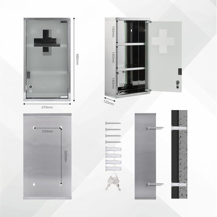 Медичний шкаф Zedelmaier з нержавіючої сталі, 4 відділення, аптечний, для ванної кімнати, з можливістю підвішування, закривається на замок, 57 x 27 x 12 см, білий