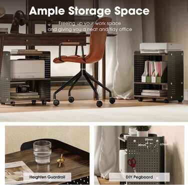 Робочий стіл для принтера Fenge з колесами, мобільний тримач для принтера з перфорованою панеллю, 3 рівні, стійка для принтера/рол-контейнер з органайзером, полиця, шафа для офісу та дому, 45,3x33,5x53,5 см (Коричневий+Чорний)